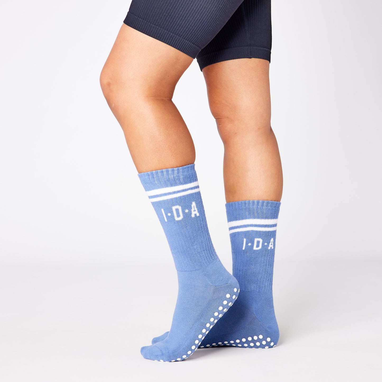 Blue long grip sock with white non-slip sole